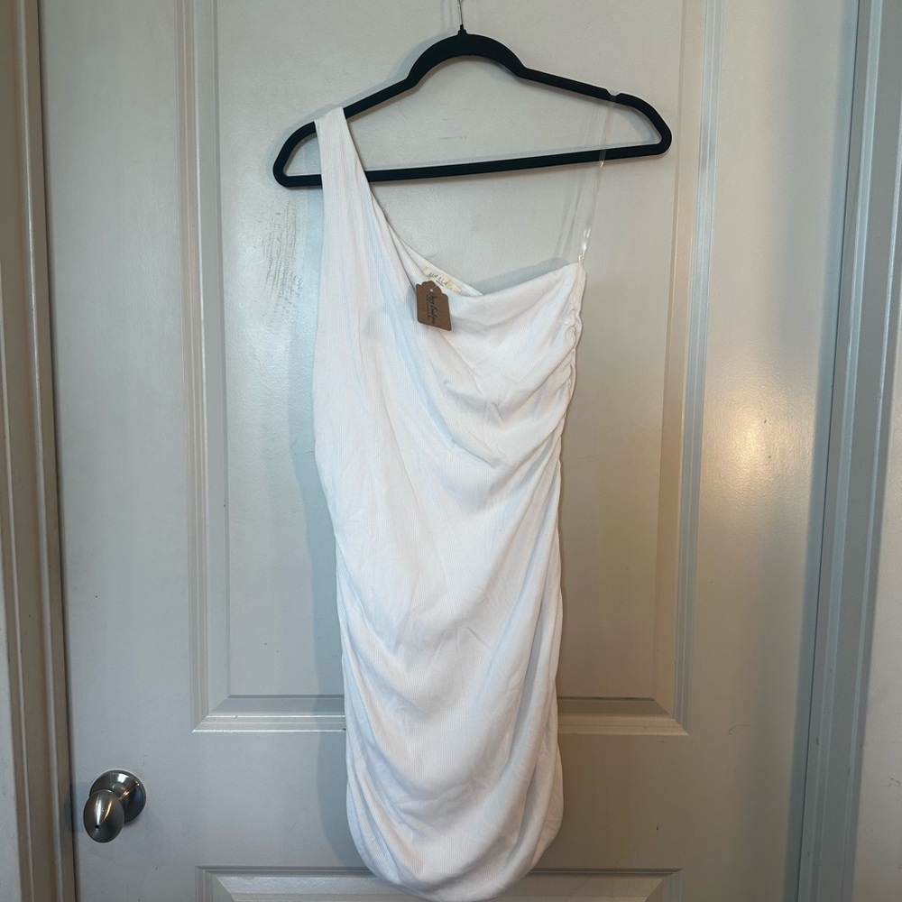 NEW Illa Illa White One Shoulder Ruched Ribbed Bubble Hem Dress, Large - Picture 7 of 8